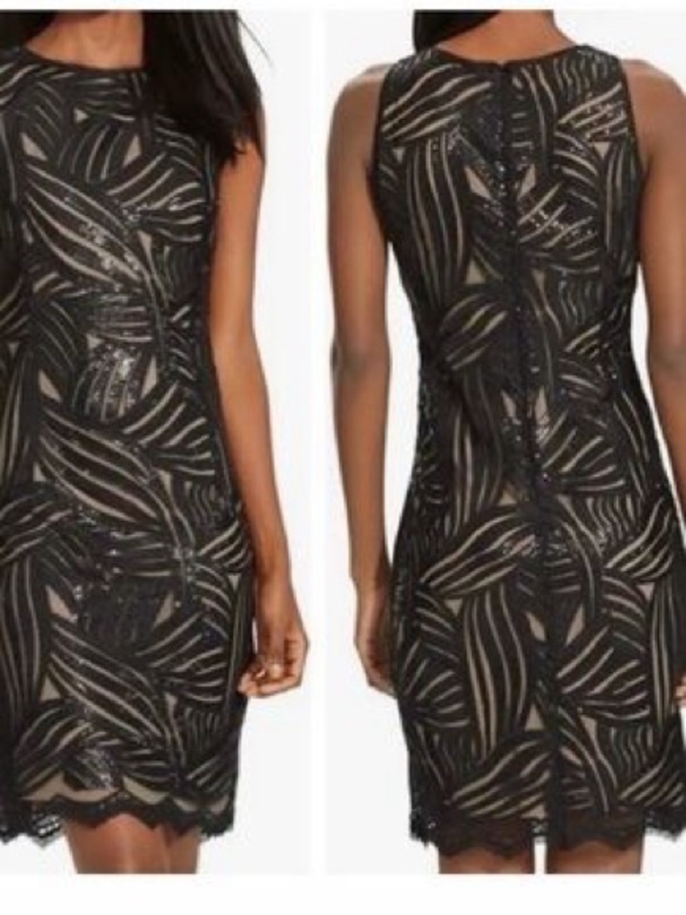 Lauren Ralph Lauren Black Beaded Overlay Midi Sheath Dress with Nude Lining